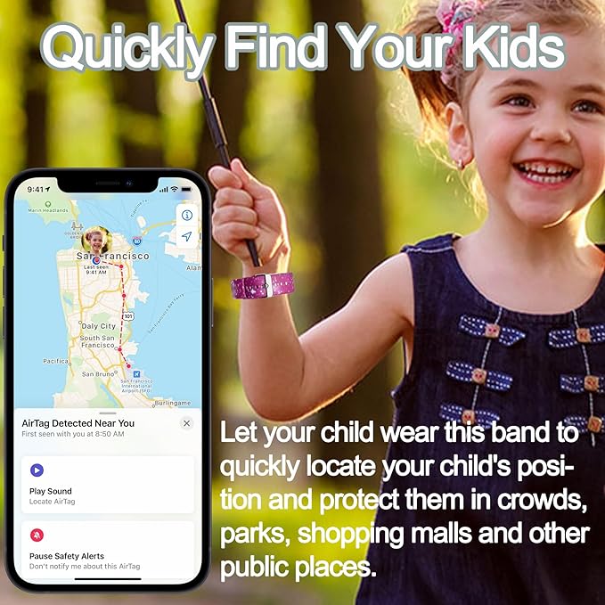 2 Pack Waterproof AirTag Bracelet for Kids, Hidden Printed Wristband for Apple Air Tag, Silicone AirTag Holder GPS Tracker Case for Band for Child Toddler, Secure Anti-Lost Protection(Pink,Purple)-CubbioJoy