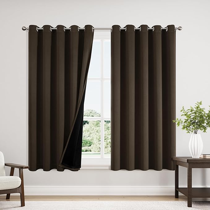 ChrisDowa 100% Blackout Curtains 63 inch Long for Bedroom with Black Liner, Extra Wide 2 Thick Layers Total Blackout Thermal Insulated Grommet Window Curtains 2 Panels Set (Brown, 60 x 63 Inch)-CubbioJoy