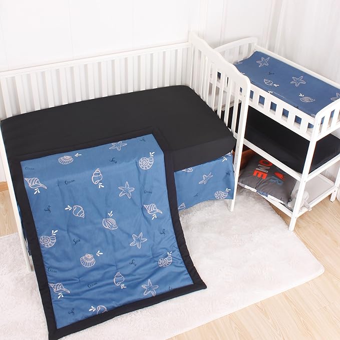 CaSaJa 4-Piece Crib Bedding Set for Boys and Girls, Nursery Baby Bedding Set Including Quilted Comforter with Fitted Crib Sheet and Changing Pad Covers, Reversible Quilt Design, Sea Conch-CubbioJoy