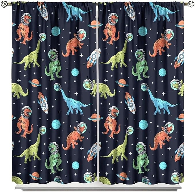 Cartoon Dinosaur Curtains for Kids Boys Girls Home Decor, Astronaut Rocket Funny Outer Space Blackout Rod Pocket Window Drapes for Bedroom Living Room W31.5xL63in 2 Panels-CubbioJoy