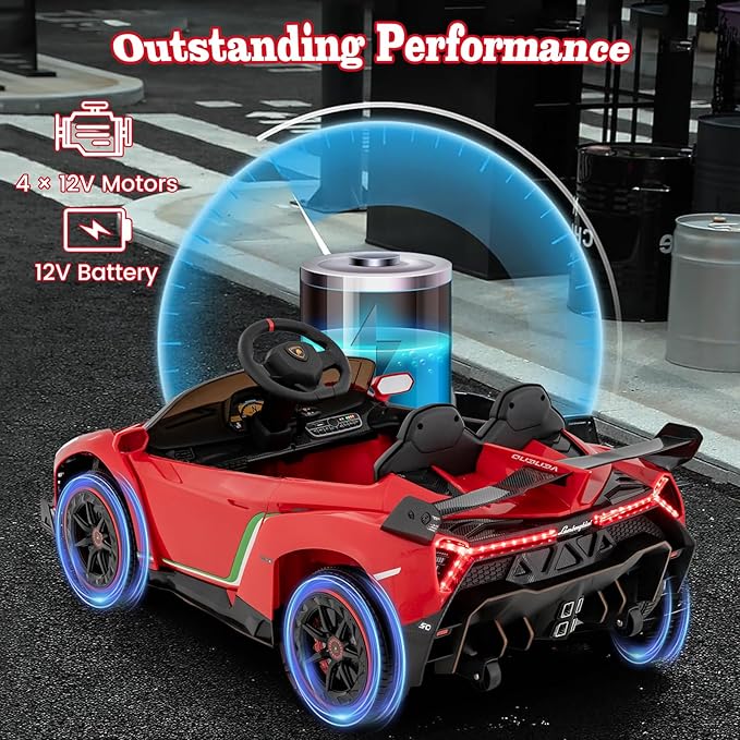 Costzon Ride on Car, Lamborghini Licensed 12V Battery Powered 4WD Sports Car with Remote Control, 3 Speeds, Hydraulic Doors, LED Lights, Towing Wheel, Horn, Music, Electric Vehicle for Kids Aged 3-8-CubbioJoy