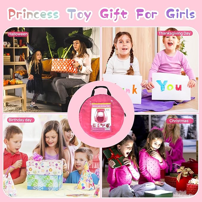 Baby Ball Pit for Toddler with 50 Balls, Pop Up Princess Tent with Star Lights for 1 2 3 Year Old Birthday Gift, 12-18 Months Baby Girl Toys with Carrying Bag, Indoor&Outdoor Play Tent for Kids-CubbioJoy