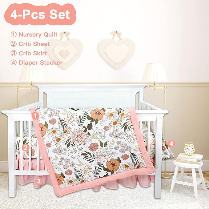 4-Piece Crib Bedding Set for Girls, Pink Baby Girl Bedding Set with Crib Skirt, Baby Quilt, Crib Sheet and Diaper Stacker, Daisy Flower-CubbioJoy