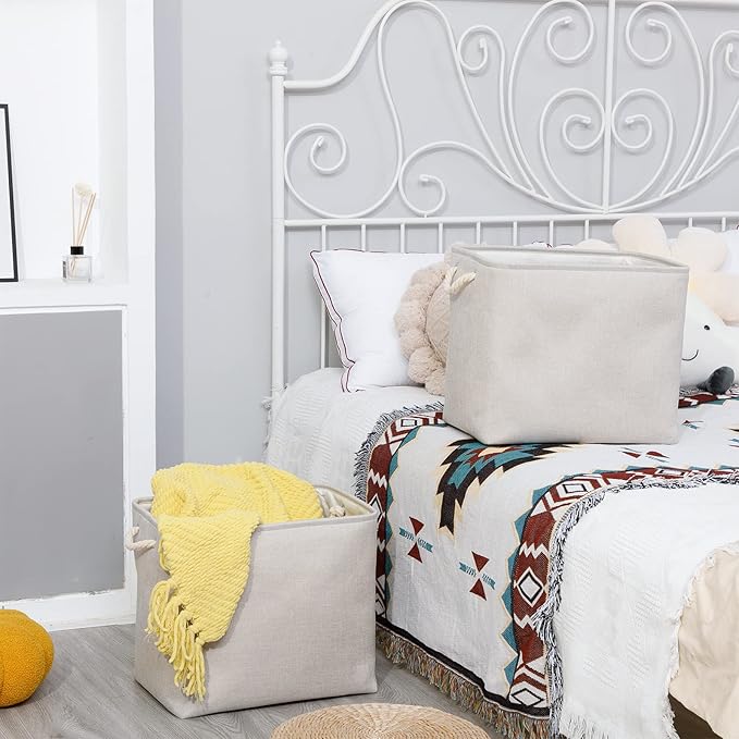 Bidtakay Fabric Beige Baskets Extra Large Organization Baskets for Clothes Set of 2 Collapsible Storage Bins for Shelves Cabinet 17x12x15 In Organizing Bins for Bedroom Blankets Pillow Towels Storage-CubbioJoy