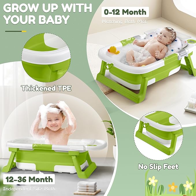 Collapsible Baby Bathtub,Baby Bath Tub with Thermometer & Soft Cushion,Baby Bathtub for Newborn to Toddler 0-36 Months,Portable Travel Baby Tub with No-Slip Feet,Baby Shower Gifts,Green-CubbioJoy
