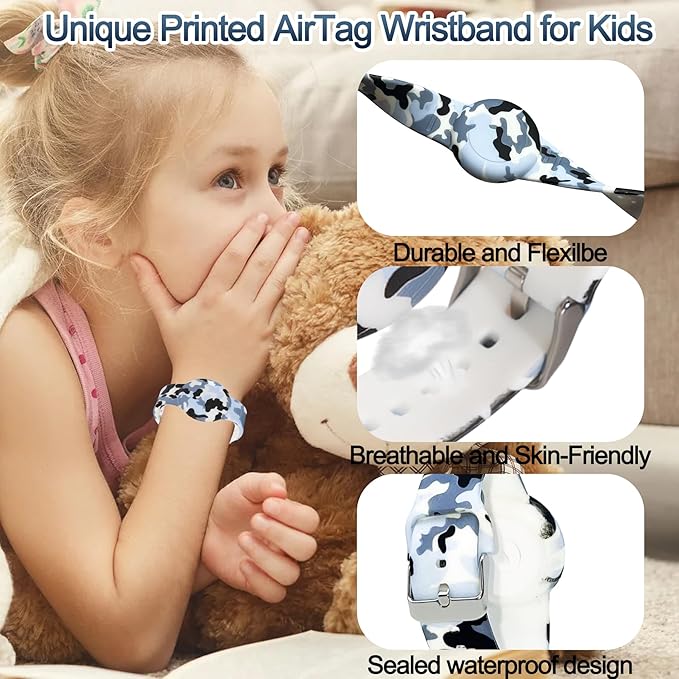 4 Pack Waterproof Bracelet for AirTag Kids, Hidden Printed Wristband for Apple Air Tag, Silicone Holder for AirTag GPS Tracker Case for Band for Child Toddler, Secure Anti-Lost Protection-CubbioJoy