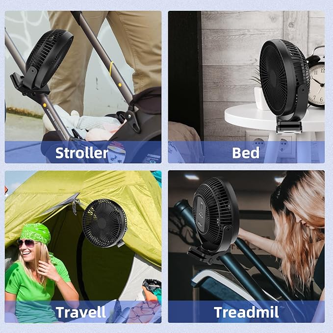 ATEngeus USB Desk Fan, Rechargeable Portable Fan, 8-Inch Clip on Fan, 10000mAh Stroller Fan, 4 Speeds Strong Airflow, 720° Rotation, with Sturdy Clamp, Suitable for home, office and stroller-CubbioJoy