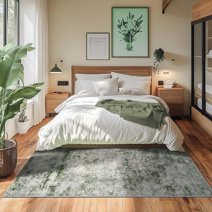 jinchan Washable Area Rug 6x9 for Living Room - Soft Faux Wool Ultra-Thin Stain Resistant Non-Slip Distressed Vintage Floral Rug Large Carpet for Bedroom,Dining Room,Home Office,Nursery(Green, 6'x9')-CubbioJoy