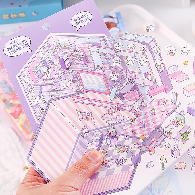 DIY 3D Sticker Scene 4 Sets of Reuseable and Waterproof Stickers Make Your Own Shop Scenes Sticker Cute Miniature Cartoon Stickers for Kids Adult-CubbioJoy