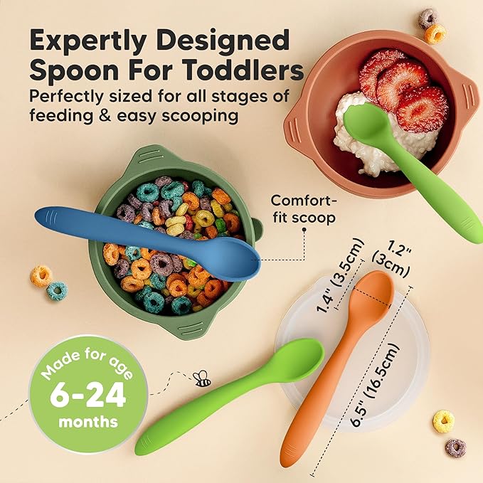 KeaBabies Silicone Baby Spoons, Self Feeding 6-12 months - 3-Pack Baby Weaning Eating Utensils, Toddler First Food Training Spoon, Infant, Kids Feeding Supplies Essential Set, Dishwasher-safe (Kea)-CubbioJoy