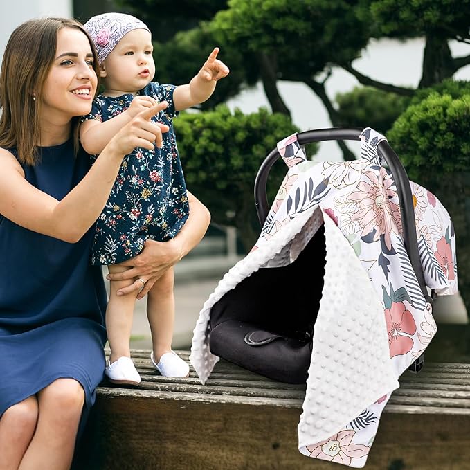Car Seat Cover Baby, Infant Car Seat Canopy Covers for Newborn Girls Boys, Soft Breathable Minky Carseat Covers Stretchy Multi-Use Nursing Cover for Stroller Baby Car Seat, Daisy Flroal-CubbioJoy