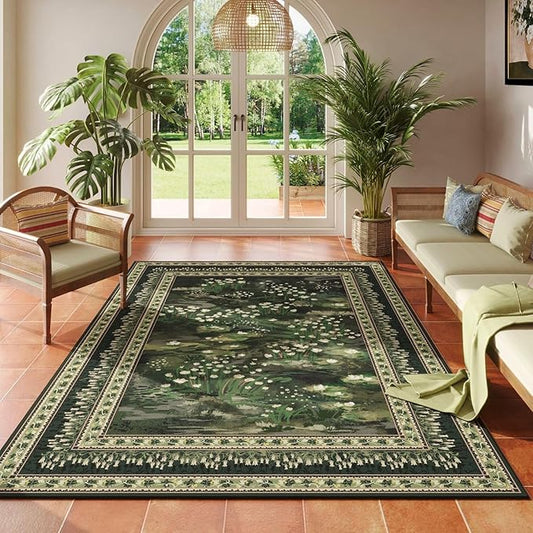 4x6 Rug for Bedroom Impressionist-Style Vintage Washable Rugs Non Slip Low Pile Small Carpet for Bedside Kids Room Office Dining Room, Green-CubbioJoy