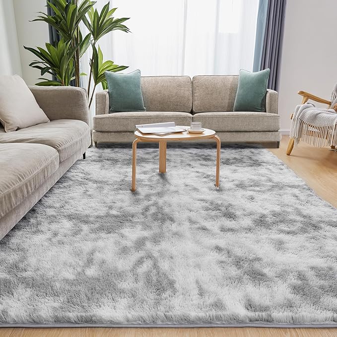 9x12 Area Rugs for Living Room, Ultra Soft Fluffy Rugs for Bedroom, Anti-Skid High Pile Indoor Carpet for Nursery, Study Room, Playroom, Home Decoration, Tie-Dyed Light Grey-CubbioJoy