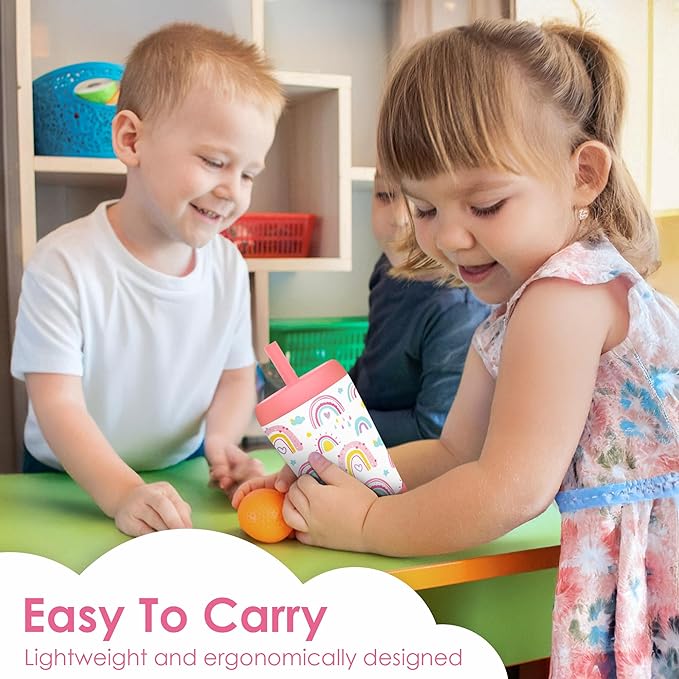 Kid Insulated Stainless Steel Tumbler with Silicone Straw, 12oz Sippy Cup for Kids (Sweet Rainbows)-CubbioJoy