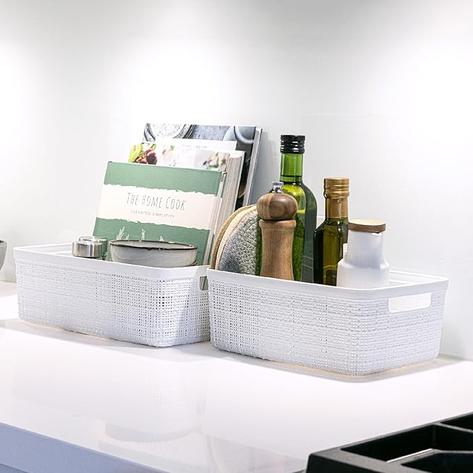 Curver Set of 8 Jute Small Decorative Plastic Organization and Storage Baskets, Perfect Bins for Home Office, Closet Shelves, Kitchen Pantry and All Bedroom Essentials-CubbioJoy