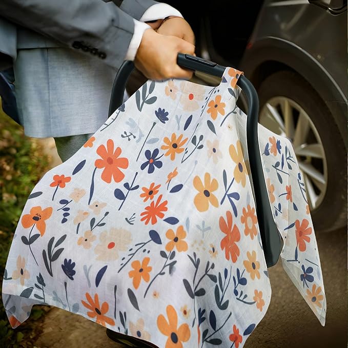 80S Muslin Car Seat Cover for Babies - Soft & Breathable Infant Carrier Canopy, Lightweight Sunshade for Summer, Universal Fit for Baby Boys & Girls-CubbioJoy