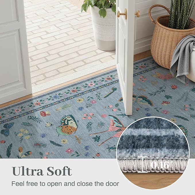 6x9 Rugs for Living Room with Insect Print - Bug Rug Non-Silp Stain Resistant Soft Carpet for Bedroom, Low Pile Ultra-Thin Machine Washable Carpet for Dining Room, Kids Nursery, Office (6'x6' Blue)-CubbioJoy