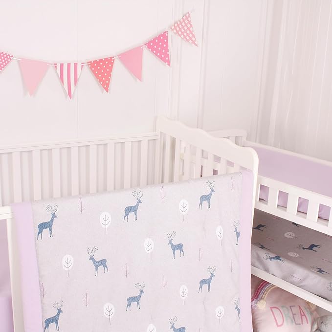 CaSaJa Baby 3-Piece Crib Bedding Set for Boys Girls, Including Soft Quilted Comforter(Blanket), Fitted Crib Sheet and Skirt, Soft Nursery Bedding Set Made of Silky Comfy Materials, Reindeer Forest-CubbioJoy