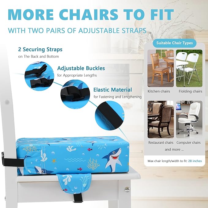 Booster Seat for Kitchen Chair with Adjustable Straps, Toddler Booster Seats for Dining Table Portable for Travel Camping Eating, Booster Cushion for Table for Baby Child Infant Kid Boy Girl-CubbioJoy