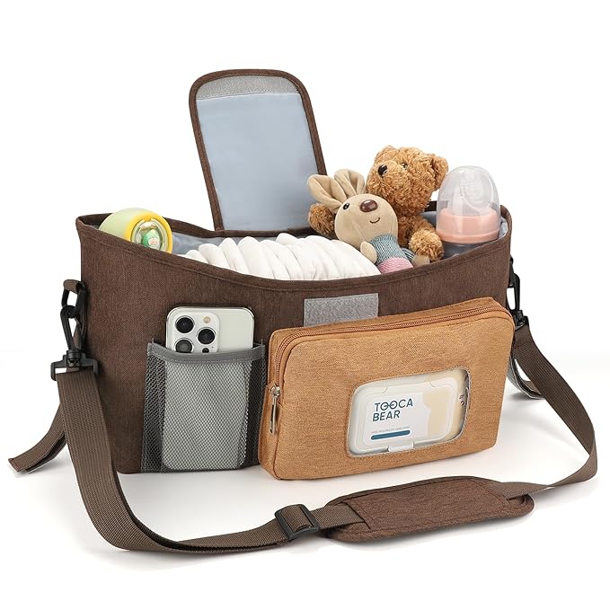 Accmor Universal Stroller Organizer with Insulated Cup Holder, Stroller Caddy Bag Accessories, Stroller Cup Holder Organizer for Uppababy Baby Jogger Britax Stroller, Brown-CubbioJoy