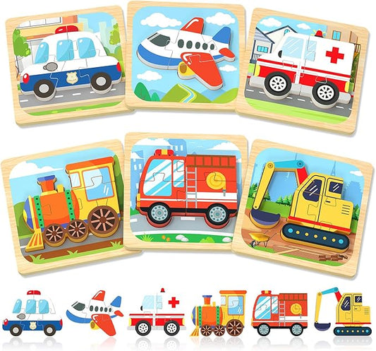 Benresive Wooden Toddler Puzzles, Montessori Toys for 1 2 3 Year Old Boys, Toys for 1 2 3 Year Old Boy Birthday Gifts, 6 Pack Vehicle Toddler Learning Educational Puzzles-CubbioJoy