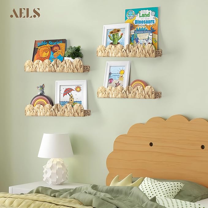 AELS Scalloped Nursery Bookshelf, Set of 4, Picture Ledge Shelf for Wall Decor, Woven Natural Water Hyacinth Floating Shelves for Books, Toys, Photo Frames, Nursery, Boho Modern Farmhouse Book Shelf-CubbioJoy