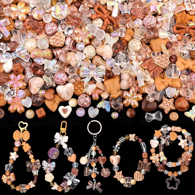 Assorted 170-230PCS Brown Acrylic Beads for Bracelet Making, Flower Bow Butterfly Candy GummyBear Aesthetic Bracelet Charms,Cute Beads for Jewelry Making DIY Necklace Keychain Phone Charm-CubbioJoy