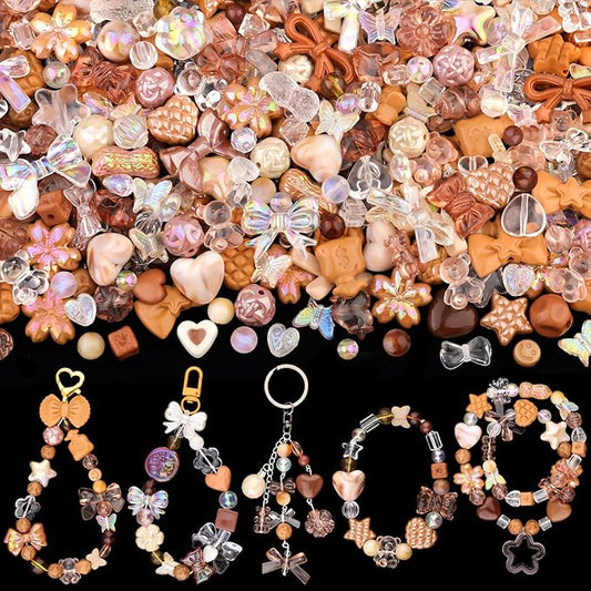 Assorted 170-230PCS Brown Acrylic Beads for Bracelet Making, Flower Bow Butterfly Candy GummyBear Aesthetic Bracelet Charms,Cute Beads for Jewelry Making DIY Necklace Keychain Phone Charm-CubbioJoy