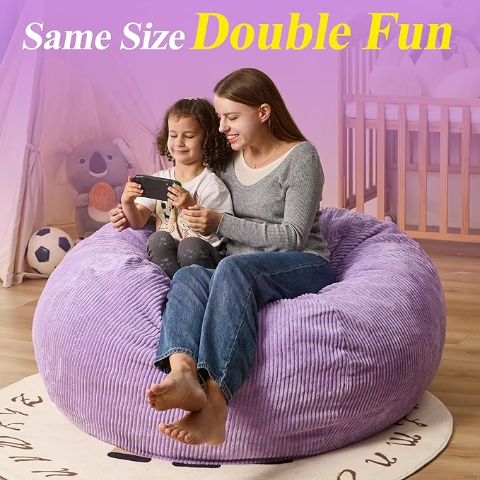 3.5FT Bean Bag Chairs Teardrop Bean Bag Chair for Adults Beanbag Chair with Memory Foam Filled Machine Washable Cover for Living Room, Bedroom (Large,Purple)-CubbioJoy