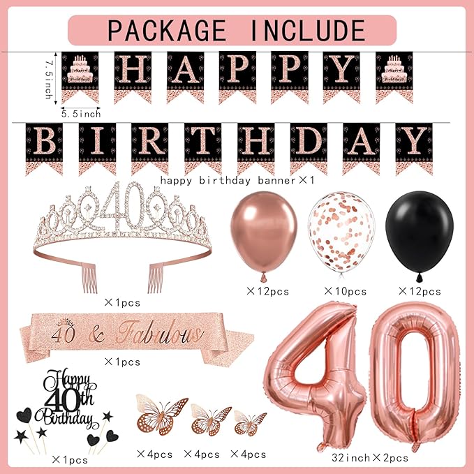 40th Birthday Decorations for Women - 56pcs Rose Gold Happy 40th Banner, 40th Birthday Crown Sash, Cake Topper, Number 40 balloons, 3D Butterflies, 4 Balloon Stands kits-CubbioJoy