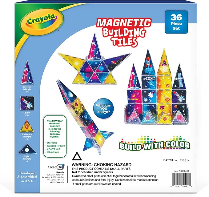 CreateOn Crayola Cosmic Magnetic Tiles, Building Set for Kids, Magnetic Building Toys for Kids, STEM Learning Toys for Boys and Girls Ages 3 and Up - 36-Pieces (Cosmic)-CubbioJoy