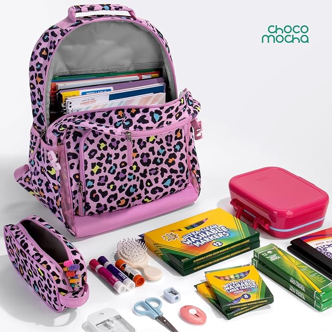 Choco Mocha Unicorn Backpack for Girls, Elementary School Backpack for Girls Ages 6-8 Kids Kindergarten Backpack Bookbag 17 Inch with Chest Strap, Pink-CubbioJoy