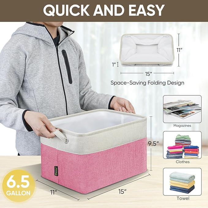 BALEINE 2 Pack Fabric Storage Bins for Shelves, Linen Storage Baskets for Organizing, Decorative Closet Bins for Clothes, Home (Pink, 15''x11''x9.5'')-CubbioJoy