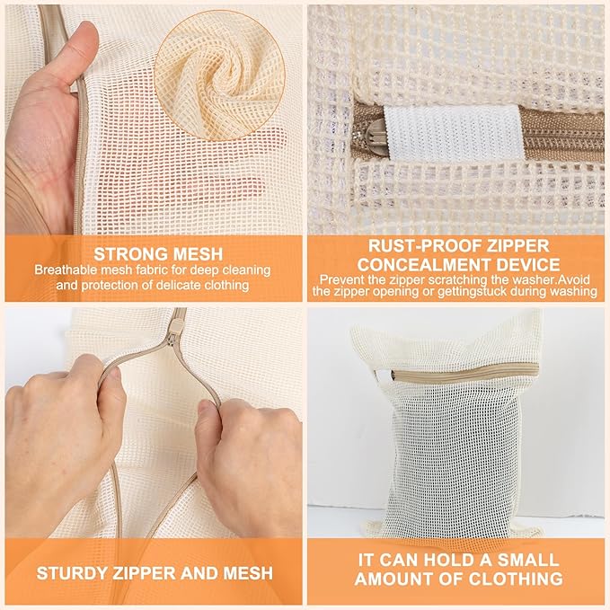 4 Piece Small, Durable Organic Cotton Mesh Laundry Bag with Strong Zipper and Breathable Mesh, Delicate Laundry Bag for Underwear, Clothes, Pants and Socks-CubbioJoy