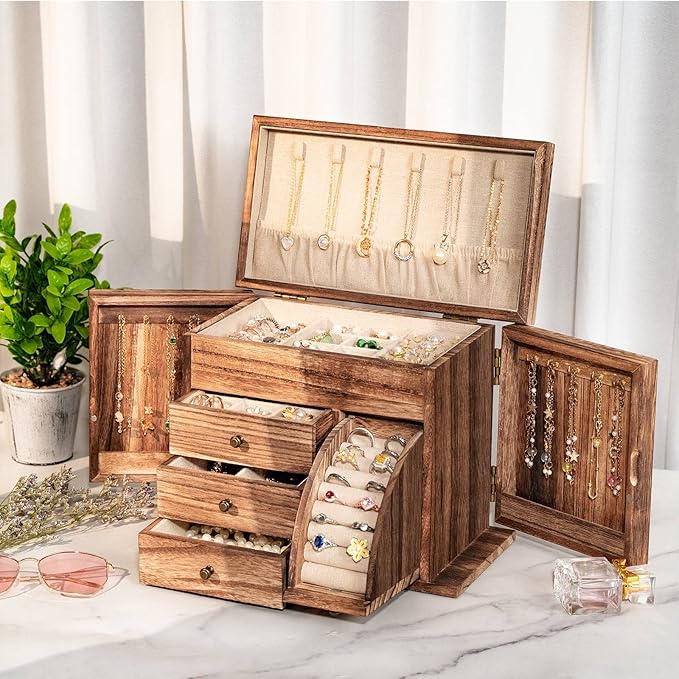 Jewelry Box Organizer, Solid Wood Jewelry Boxes for Women for Storage & Display Necklace Ring Earring Bracelet, Rustic Style Jewelry Organizer Box for Women Gifts (Carbonized Brown)-CubbioJoy