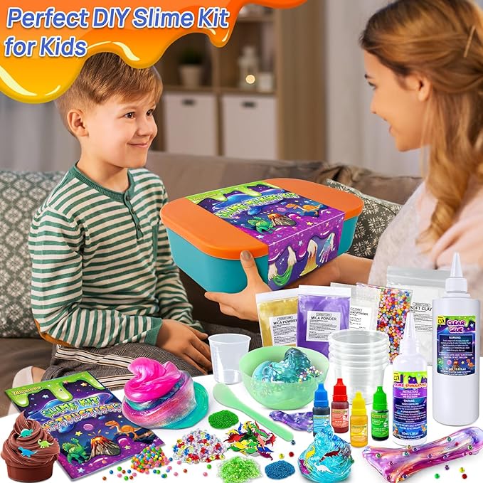 Dinosaur Slime Kit for Girls, Glimmer Crunchy, Galaxy Slime Making Kit for Kids 6-12, Glow in The Dark DIY Slime Kit with Add-ins, Foam Balls, Charms, Glitters, Dinosaur Gift Toys-CubbioJoy