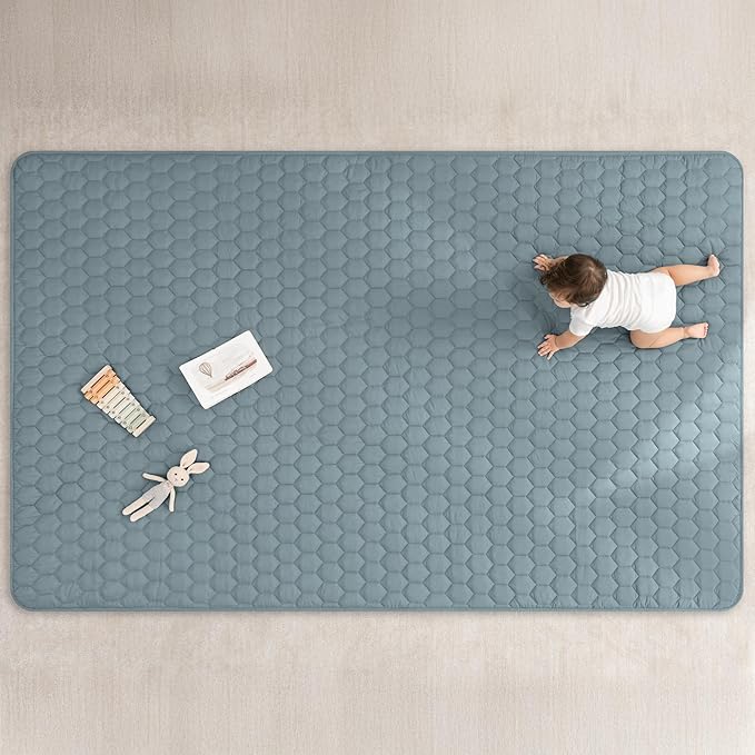 Comfy Cubs Rectangle Kids Play Mat - Large 60 x 96 inches Soft Quilted Baby Floor Mat with Non-Slip Bottom - Plush Design for Toddlers' Playtime and Relaxation - Comfortable and Durable - Pacific Blue-CubbioJoy