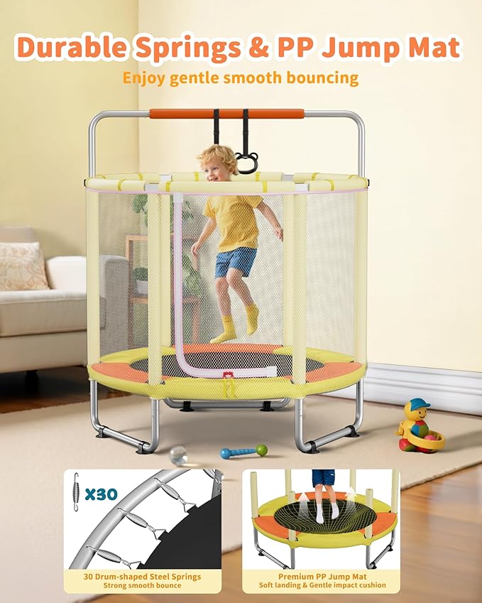 55” Trampoline for Kids, Powder-Coated Mini Trampoline for Toddlers, Indoor Outdoor Toys with Adjustable Gymnastics Bar, Swing, Basketball Hoop, Birthday Gifts for Boys & Girls Ages 1-8-CubbioJoy