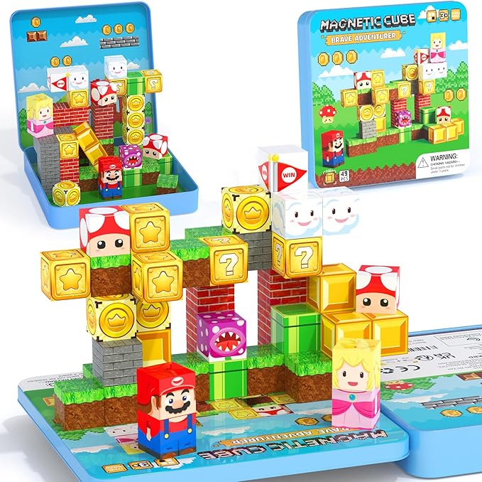 49PCS Mini Magnetic Tiles Travel Toys for Kids Ages 4-8, Magnetic Building Blocks Adventure Set with Portable Iron Storage Box & Play Base, STEM Learning Activities for Toddlers 3-5-CubbioJoy