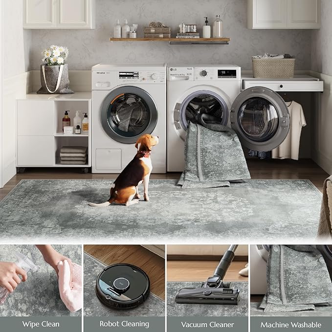 jinchan Washable Area Rug 6x9 for Living Room - Soft Faux Wool Ultra-Thin Stain Resistant Non-Slip Distressed Vintage Floral Rug Large Carpet for Bedroom,Dining Room,Home Office,Nursery(Grey, 6'x9')-CubbioJoy