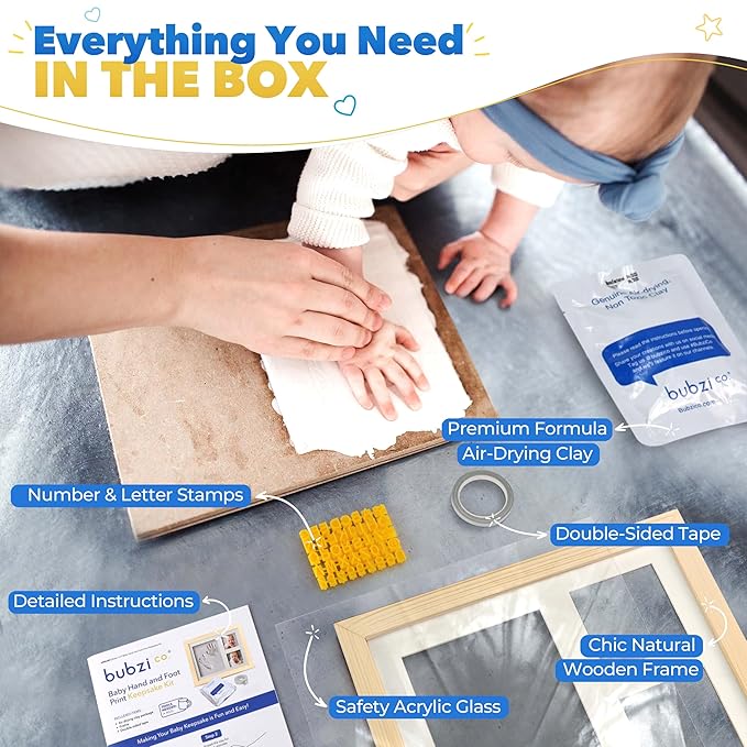 Baby Footprint Kit, Newborn Foot and Hand Print Kit, Infant Keepsake Frame, Nursery Pictures Frames, Infant Handprint, New Mom Gifts, Newborn Essentials Must Haves, Baby Shower Gifts (Natural Wood)-CubbioJoy