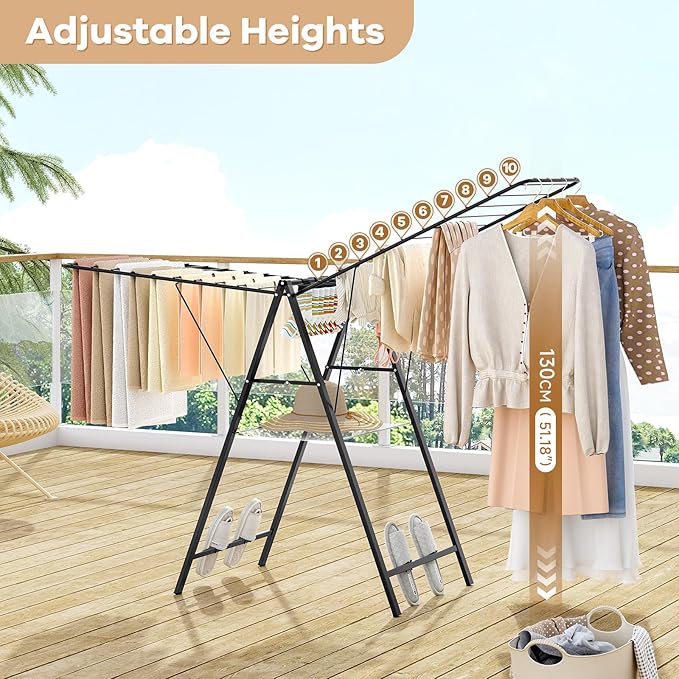 APEXCHASER Clothes Drying Rack Foldable, Metal Laundry Drying Rack with Height Adjustable Rails, Ultra Thin Drying Rack Clothing Towel Sweater Shoe for Indoor Outdoor, Gullwing Clothes Airer, Black-CubbioJoy