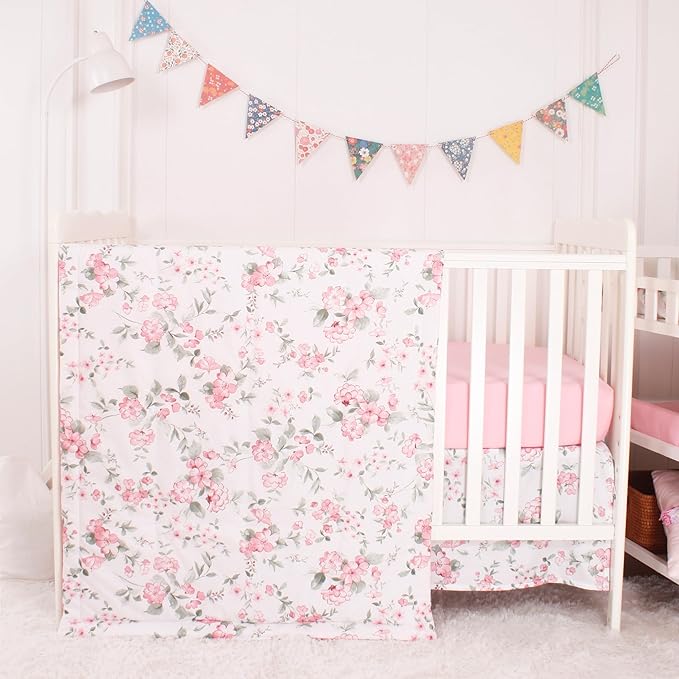 CaSaJa Baby 3-Piece Crib Bedding Set for Boys Girls, Including Soft Quilted Comforter(Blanket), Fitted Crib Sheet and Skirt, Soft Nursery Bedding Set Made of Silky Comfy Materials, Watercolor Floral-CubbioJoy