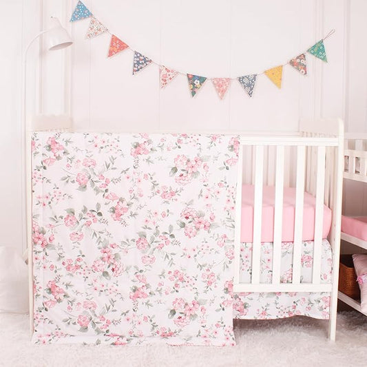 CaSaJa Baby 3-Piece Crib Bedding Set for Boys Girls, Including Soft Quilted Comforter(Blanket), Fitted Crib Sheet and Skirt, Soft Nursery Bedding Set Made of Silky Comfy Materials, Watercolor Floral-CubbioJoy