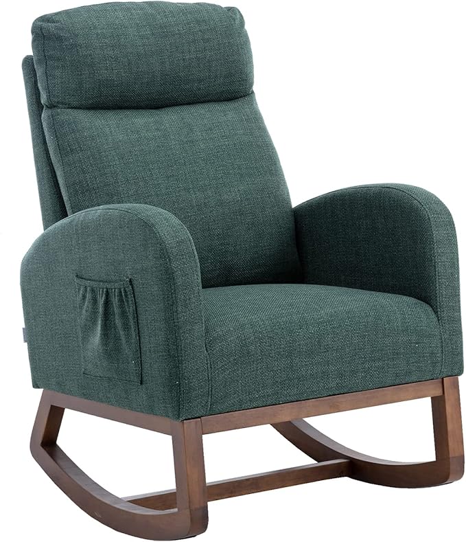 Dolonm Nursery Rocking Chair for Living Room, Upholstered Mid-Century Modern Nursery Rocking Armchair Tall Back Accent Glider Rocker, Emerald-CubbioJoy