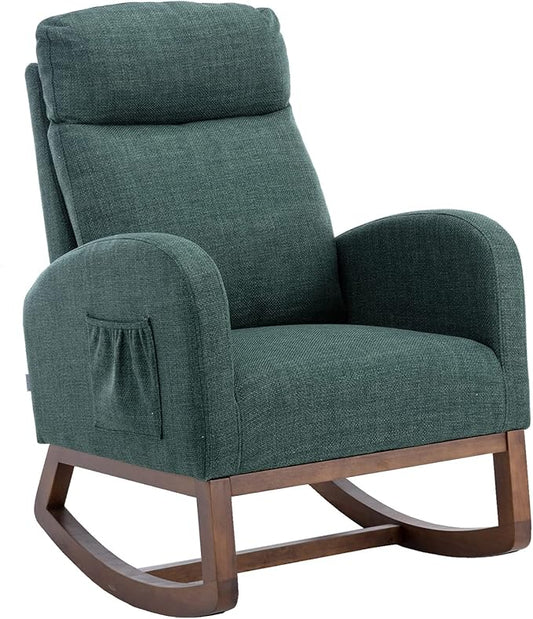 Dolonm Nursery Rocking Chair for Living Room, Upholstered Mid-Century Modern Nursery Rocking Armchair Tall Back Accent Glider Rocker, Emerald-CubbioJoy