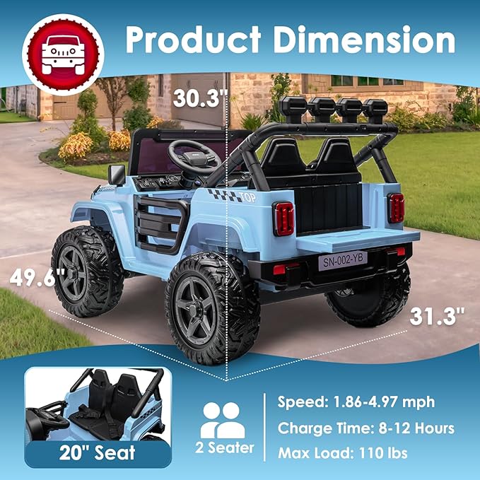 24V 2 Seater Ride On Truck with Remote Control 4WD Electric Car for Kids Ride On Car Battery Powered Ride On Toy Car with Music Player, LED Lights, Bluetooth, Rear Shock Absorber, Gray Blue-CubbioJoy