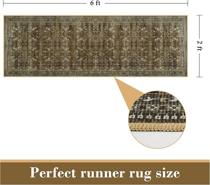 2x6 Washable Kitchen Runner Rug for Hallways, Non Slip Laundry Runners for Bathroom, Low Pile Rubber Backed Rugs for Entryway, Vintage Floral Carpet for Living Room Bedroom Brown/Yellow-CubbioJoy