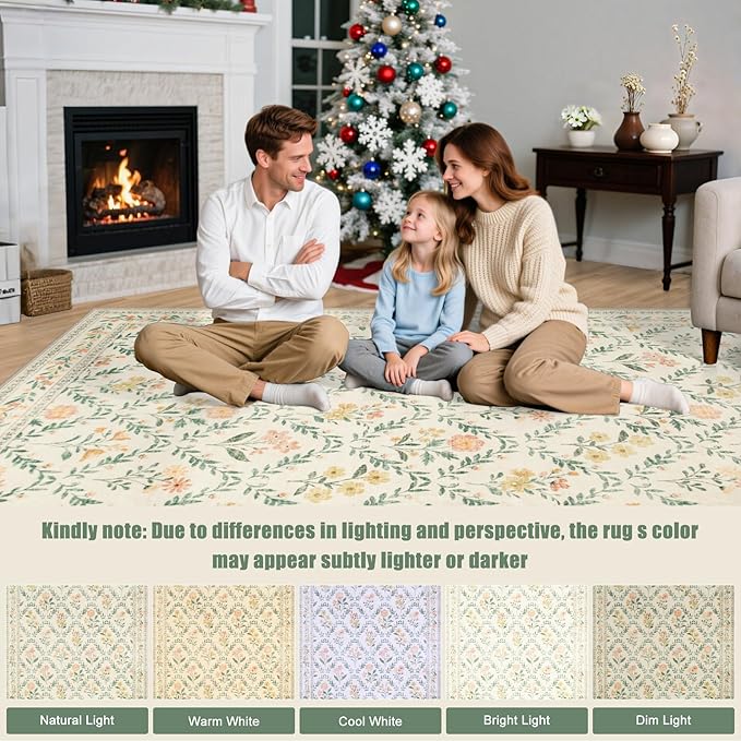 Area Rug Living Room Rugs: Floral 5x7 Washable Rug Vintage Soft Boho Non-Slip Carpet Indoor Stain Resistant Large Carpets for Bedroom Dining Room Farmhouse Nursery Hallway Home Office Beige/Multi-CubbioJoy