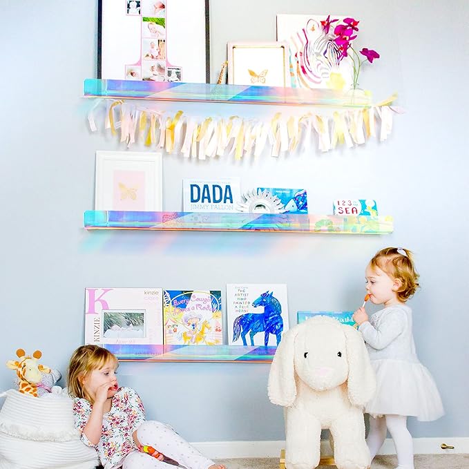 36 inches Iridescent Acrylic Floating Shelf,Wall Mounted Kids Bookshelf, Display Book Shelves for Kids Nursery Toddler Classroom 2 Packs-CubbioJoy